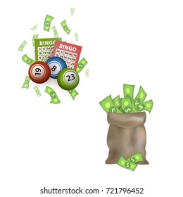 vector flat bingo cartoon lottery tickets, lotto keno jackpot number balls and dollar money sack, bag set. Isolated illustration on a white background. Sign of profit, casino design poster