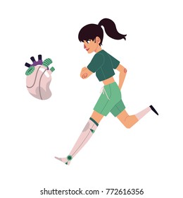 vector flat bionic futuristic mechanical prosthesis concept icon set. Young girl character with iron robotic hand running, mechanic heart. Isolated illustration, white background