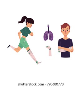 vector flat bionic futuristic mechanical prosthesis concept icon set. Young man character with iron robotic arm, girl running with bionic hand, mechanic lungs. Isolated illustration, white background