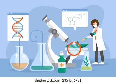 vector flat biotechnology illustration, experiment for biotechnology with chemistry science concept with microscope