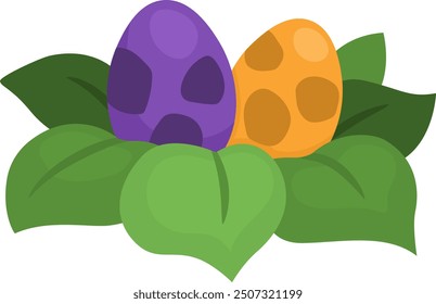 Vector flat bird or dinosaur nest with eggs icon. Farm, Easter or prehistoric illustration isolated on white background. Cute spring picture for kids. Animal eggs in leaves
