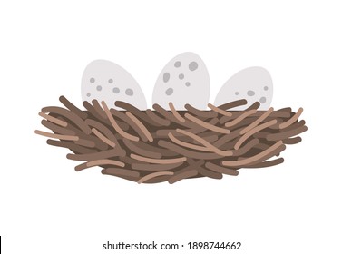 Vector flat bird nest with eggs icon. Farm or Easter illustration isolated on white background. Cute spring picture for kids
