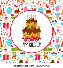 Vector Flat Birthday card on the seamless pattern. Kids party and celebration design elements: cake, gift, clown, toy, sweets, fruits, food.