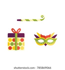 Vector flat birthday celebration symbols icon set. Festive, decorated party mask, present box in bright wrapping, party whistle, noisemaker or blower. Isolated illustration on a white background