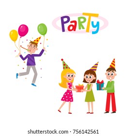 vector flat birthday party scenes set. man in party hat whistling holding air balloons with confetti around, girl in dress and boy giving big present box to excited woman. Isolated illustration