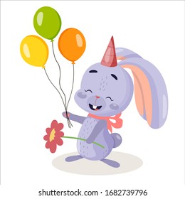 Vector flat birthday rabbit on white background. Cute bunny with flower and ballons.