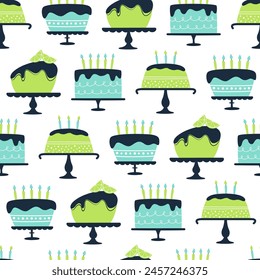 Vector flat birthday seamless pattern with cakes