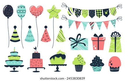 Vector flat birthday set isolated on white background