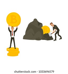 Vector flat bitcoin concept. Male character, happy businessman in suit smashing ground with hummer mining golden coin, man standing on coins holding big bitcoin above head. Isolated illustration