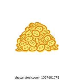 Vector flat bitcoin Golden coins pile heap stack icon set. Mining crypto currency, virtual money elements. Digital economy, blockchain sign. Isolated illustration on a white background.