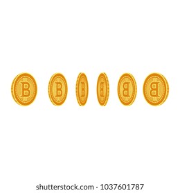 Vector flat bitcoin golden coins from different view point set icon. Mining crypto currency, virtual money elements. Digital economy, blockchain sign. Isolated illustration on a white background.