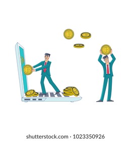 Vector flat bitcoin, mining concept. Male character, happy businessman in suit taking coins from laptop, another man holding big bitcoin high above head. Isolated illustration on a white background