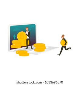 Vector flat bitcoin, mining concept. Male character, happy businessman in suit taking coins from laptop, another man running with big bitcoin. Isolated illustration on a white background