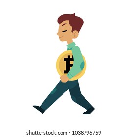 Vector flat bitcoin, mining concept. Male young character, happy businessman in suit, miner walking holding big golden coin. Isolated illustration on a white background