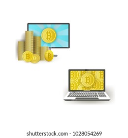 Vector flat bitcoin symbols set. Golden coins stack, pile column, Laptops and monitor with bitcoin image. Mining crypto virtual money element set. Isolated illustration
