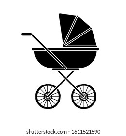 Vector Flat Black Baby Pram Icon Isolated On White Background