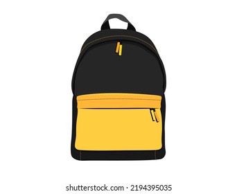 Vector flat black backpack isolated on white background. Back to school uniform sign. Travel zipper pack. Casual urban backpack. Bg cartoon icon