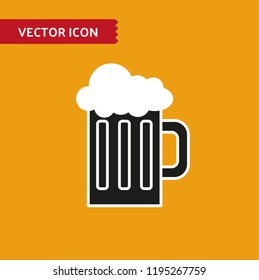 Vector flat black beer icon on orange background. Beer mug stylish illustration