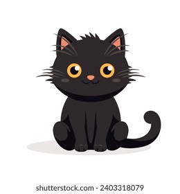 Gato negro plano vectorial. Icono De Gato De Caricatura Aislado. Black Cute y Funny Cat en primera vista