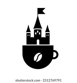 Vector Flat Black Coffee with Castle Logo Design Template on White Background. Drink Logo Symbol.