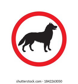 Vector flat black dog in red circle isolated on white background. No dog sign