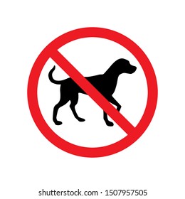 Vector flat black dog silhouette crossed in round red circle. No dog allowed sign isolated on white background 