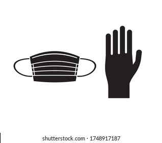 Vector flat black face medical mask and hand glove isolated on white background