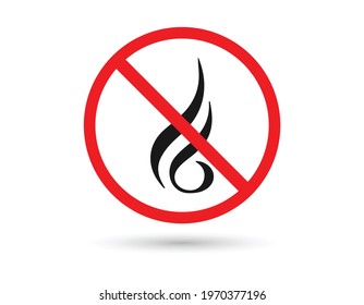 Vector flat black fire icon crossed in red circle. No fire sign isolated on white background