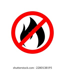 Vector flat black fire icon crossed in red circle. No fire sign isolated on white background.eps