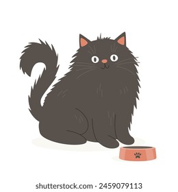 Vector Flat Black Fluffy Cat with Pets Bowl. Cartoon Cat Icon Isolated. Black Cute and Funny Cat in Front View