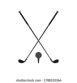 Vector flat black golf ball and crossed stick isolated on white background