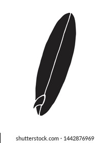 Vector Flat Black Hand Drawn Sketch Doodle Long Surf Board Single Fin Isolated On White Background 