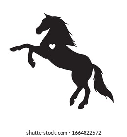 Vector flat black horse silhouette with heart isolated on white background