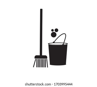 
Vector flat black icon of a broom (mop), bucket and bubbles. Cleanliness and cleaning.
