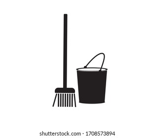 
Vector flat black icon of a broom (mop), bucket and bubbles. Cleanliness and cleaning.