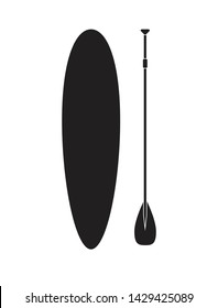 Vector flat black icon logo of stand up paddle surf board isolated on white background