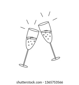 Vector flat black line drawn icon logo of two champagne glass cheers isolated on white background 