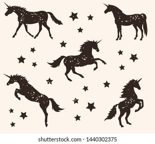 Vector flat black old vintage texture set collection of unicorn silhouette isolated on white background 