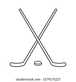 Vector flat black outline hockey crossed sticks and puck isolated on white background