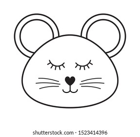 Vector flat black outline rat mouse face isolated on white background