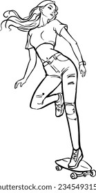 Vector Flat Black Outline Woman Woman Riding A Skateboard Isolated On White Background