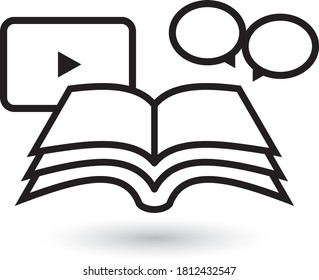 Vector flat black pictogram of book speech bubbles and video icon that describes the notion of education learning and self development