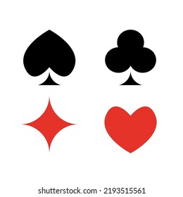 Vector flat black and red colorful playing card suits. Diamonds, clubs, hearts and spades symbols for entertainment game design. Vector illustration