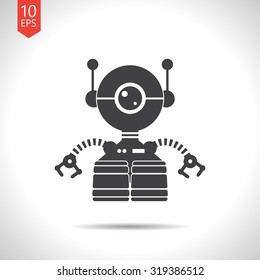 Vector flat black retro robot toy icon on white background 