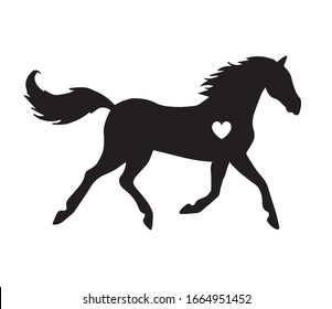 Vector flat black running horse silhouette with heart isolated on white background