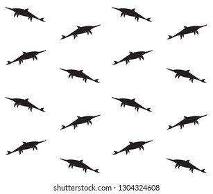 Vector flat black seamless pattern of  silhouette of swimming ichtyosaur dinosaur isolated on white background