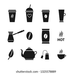 Vector flat black set collection of coffee and tea drinks isolated on white background 