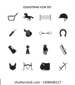 Vector flat black set collection of equestrian horse equipment silhouette icon isolated on white background 