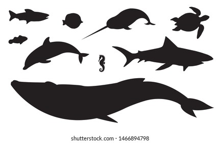 Vector flat black set collection of sea animals silhouette isolated on white background 