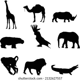 Vector flat black set collection of African animals silhouette